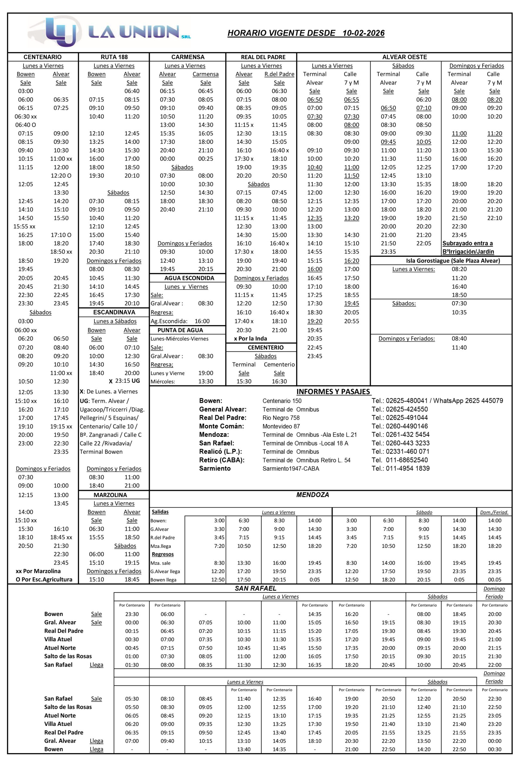 Horario Vigente desde el 10-02-2026